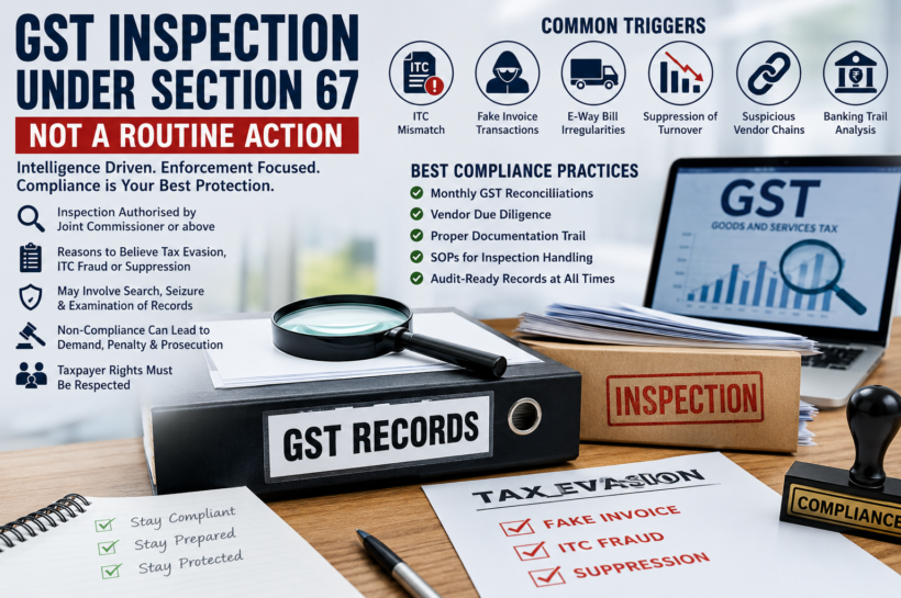 GST Inspection Under Section 67 of the CGST Act: Complete Guide for Businesses on Search, Seizure, Compliance Risks & Legal Safeguards.